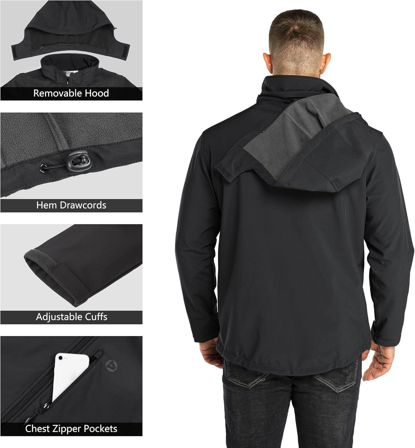 Outdoor Ventures Men’s Lightweight Softshell Jacket Fleece Lined Hooded Water Resistant Winter Hiking Windbreaker Jackets(Black-removable Hood)
