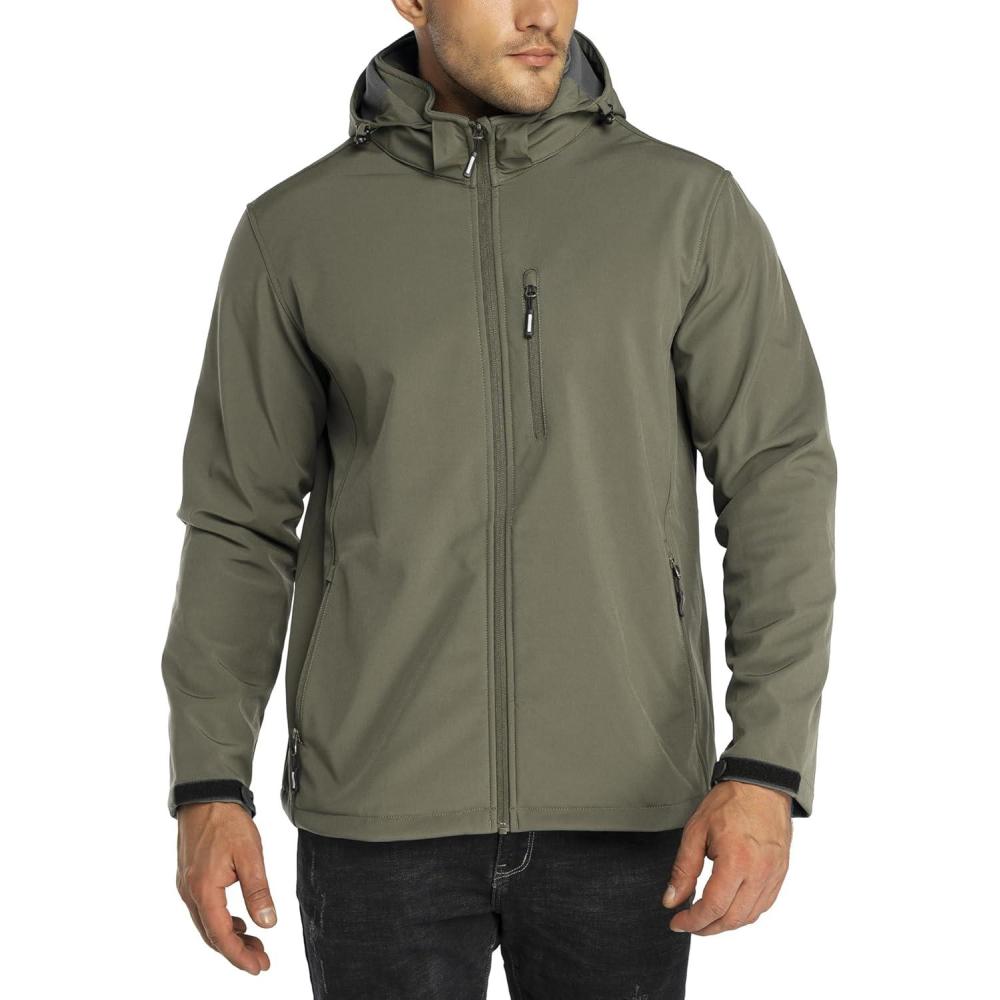 Outdoor Ventures Men’s Lightweight Softshell Jacket Fleece Lined Hooded Water Resistant Winter Hiking Windbreaker Jackets(Olive Green- Removable Hood)