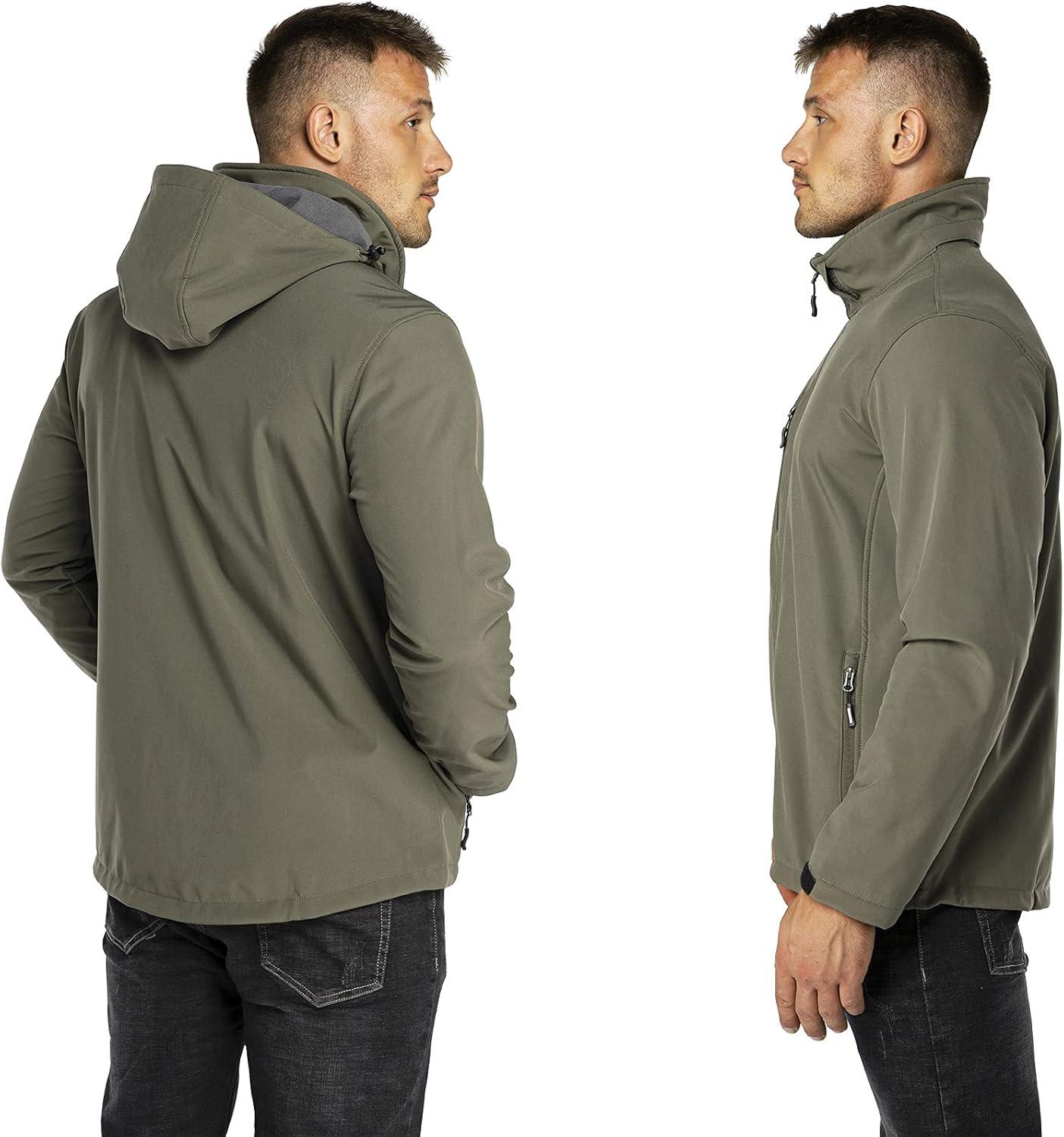Outdoor Ventures Men’s Lightweight Softshell Jacket Fleece Lined Hooded Water Resistant Winter Hiking Windbreaker Jackets(Olive Green- Removable Hood)