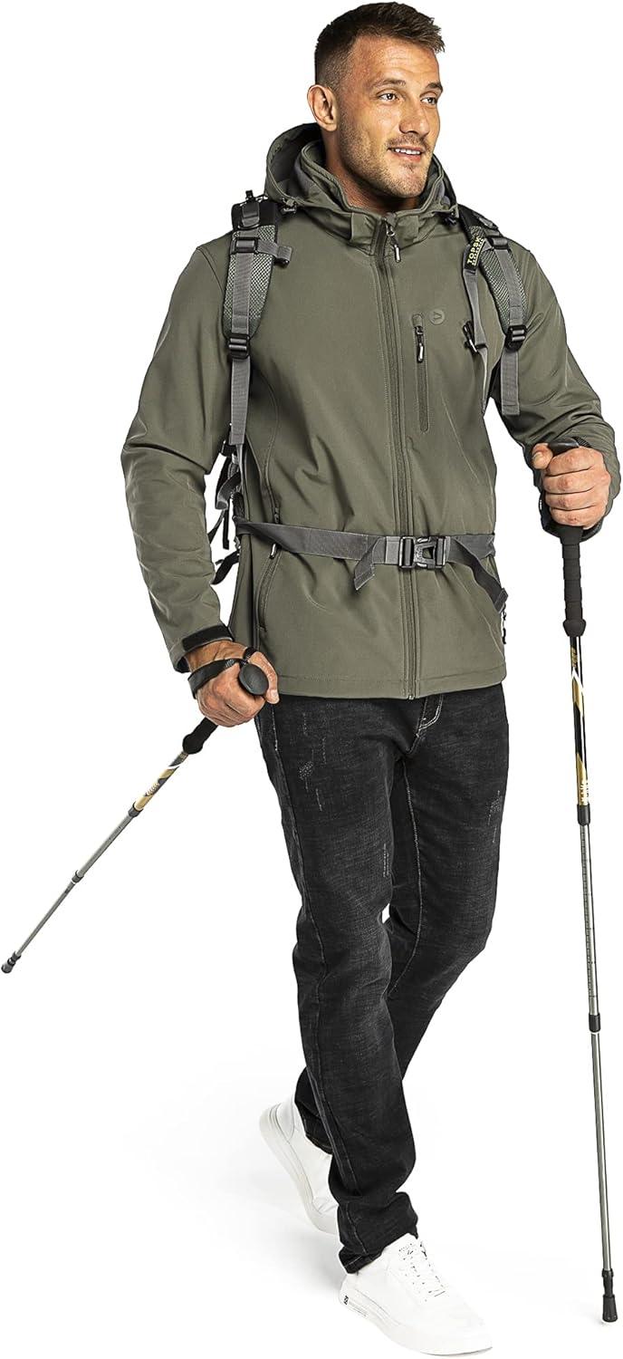 Outdoor Ventures Men’s Lightweight Softshell Jacket Fleece Lined Hooded Water Resistant Winter Hiking Windbreaker Jackets(Olive Green- Removable Hood)