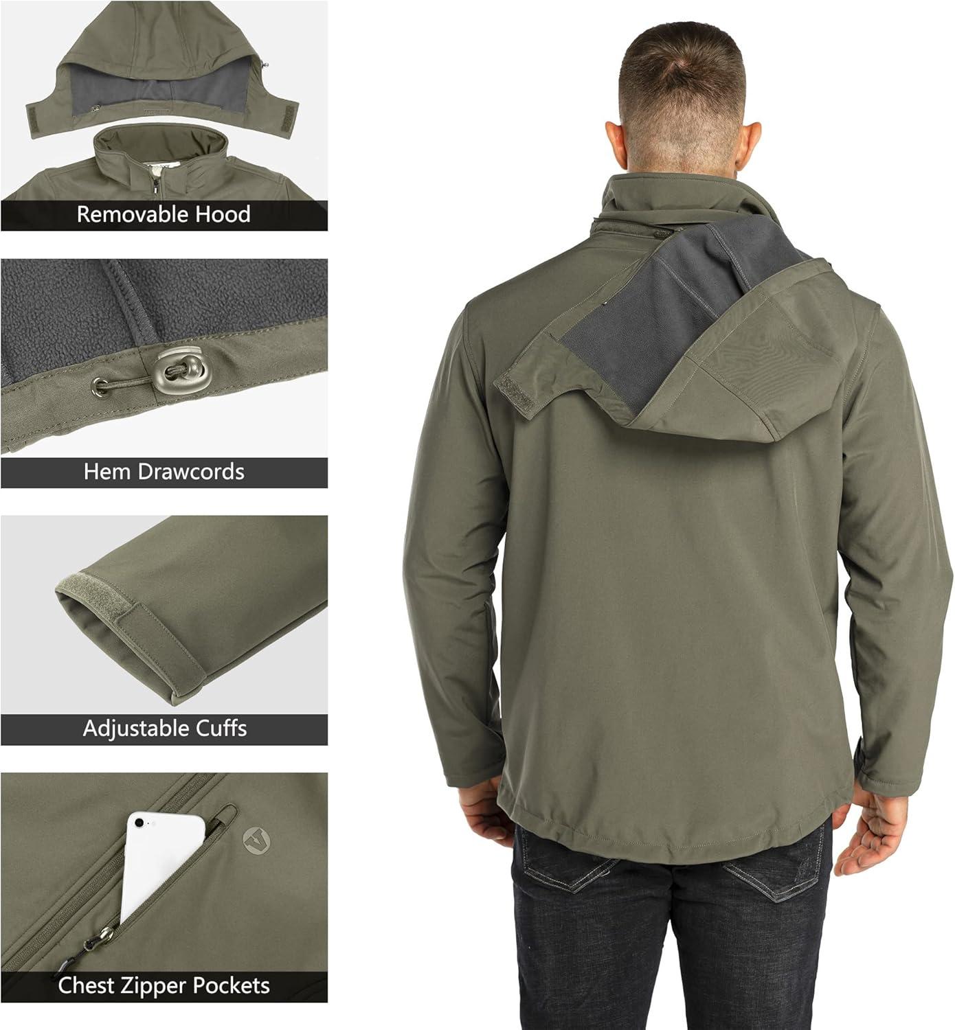 Outdoor Ventures Men’s Lightweight Softshell Jacket Fleece Lined Hooded Water Resistant Winter Hiking Windbreaker Jackets(Olive Green- Removable Hood)