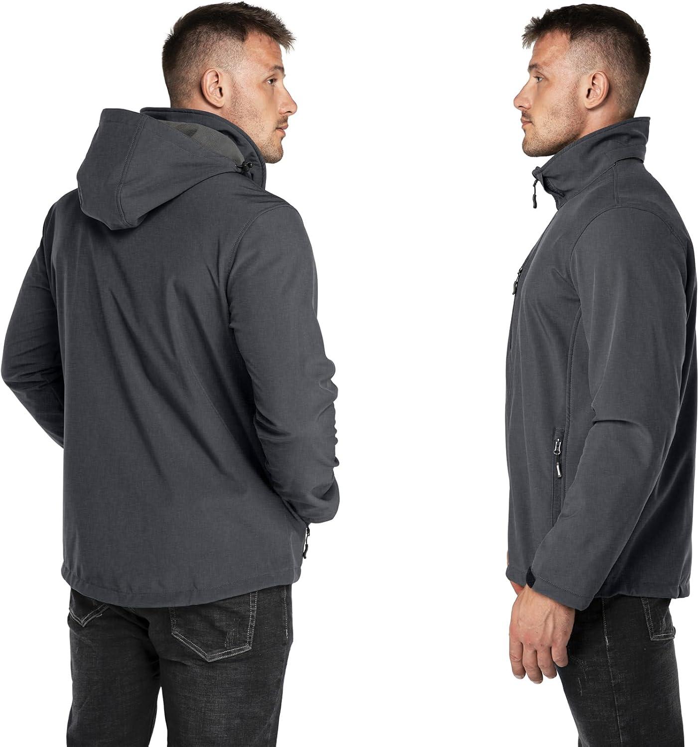 Outdoor Ventures Men’s Lightweight Softshell Jacket Fleece Lined Hooded Water Resistant Winter Hiking Windbreaker Jackets(Darkgrey Melange-removable Hood)