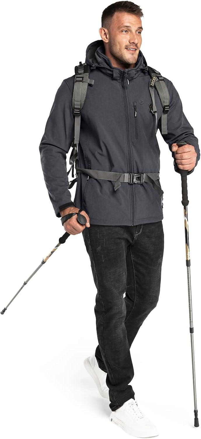 Outdoor Ventures Men’s Lightweight Softshell Jacket Fleece Lined Hooded Water Resistant Winter Hiking Windbreaker Jackets(Darkgrey Melange-removable Hood)