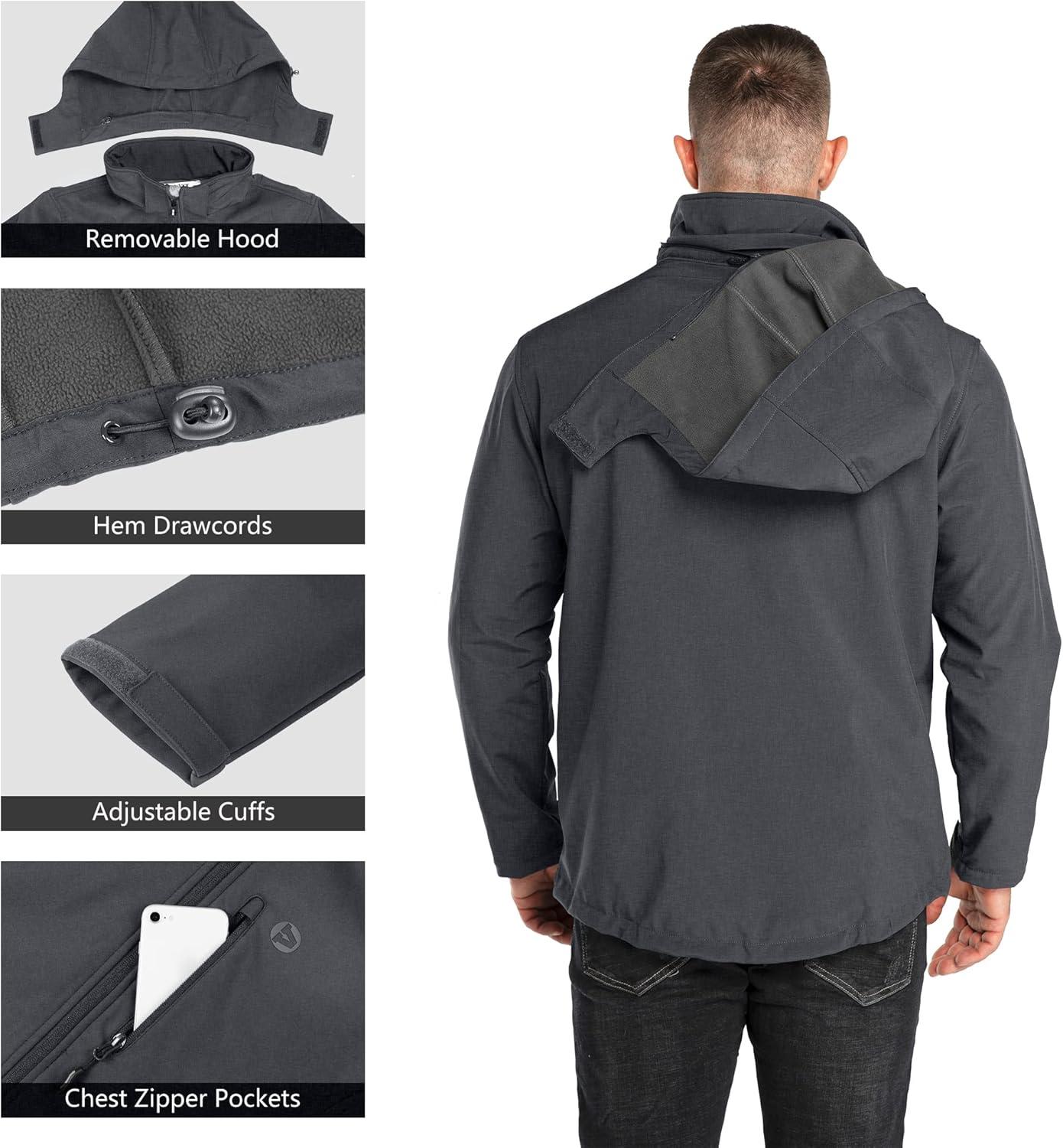Outdoor Ventures Men’s Lightweight Softshell Jacket Fleece Lined Hooded Water Resistant Winter Hiking Windbreaker Jackets(Darkgrey Melange-removable Hood)