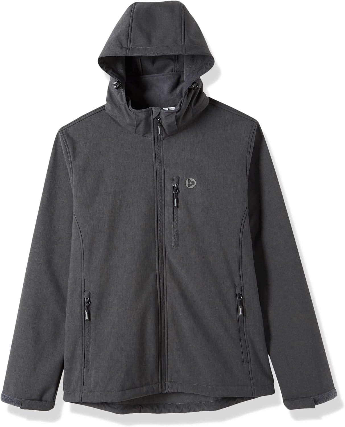 Outdoor Ventures Men’s Lightweight Softshell Jacket Fleece Lined Hooded Water Resistant Winter Hiking Windbreaker Jackets(Darkgrey Melange-removable Hood)