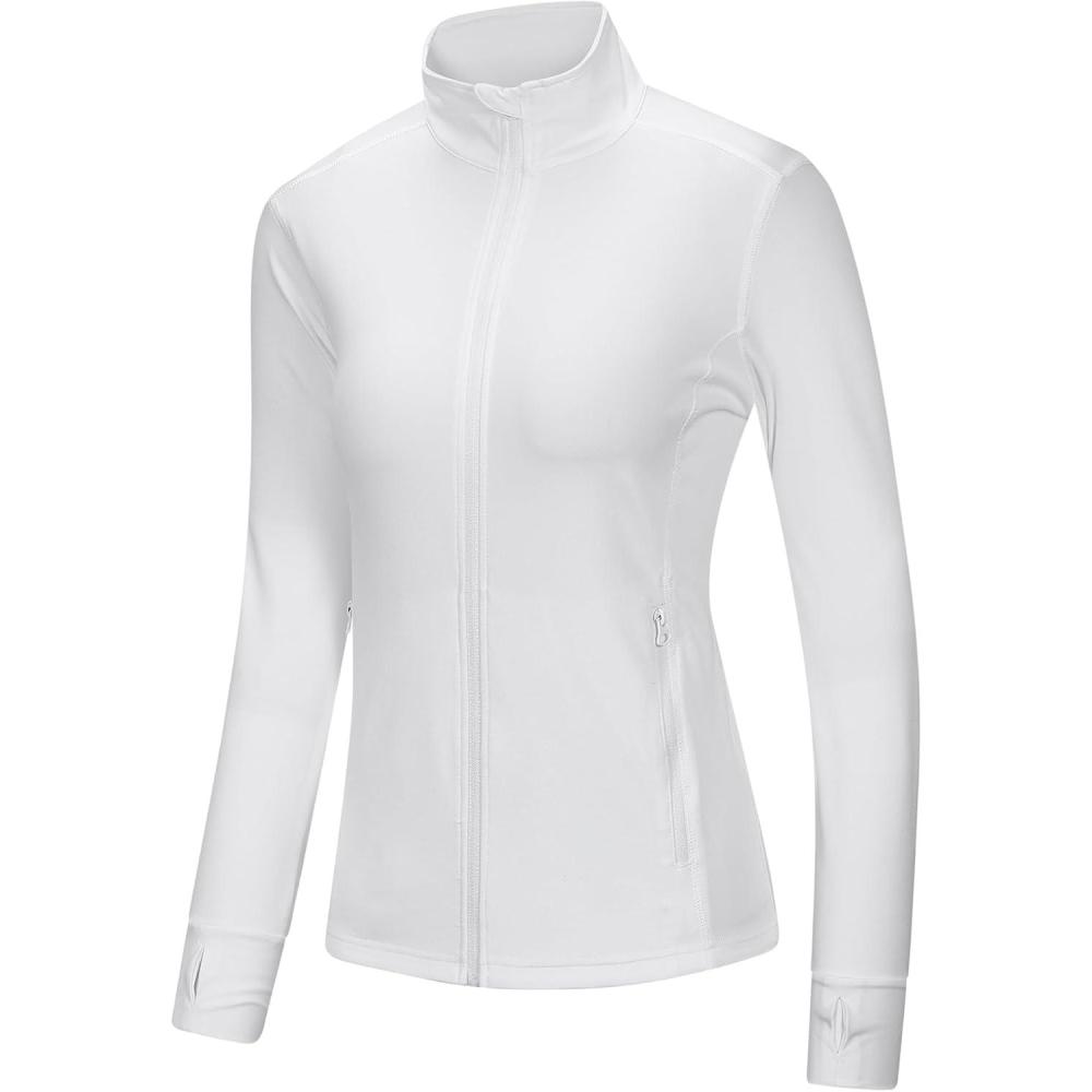 Outdoor Ventures Women’s Full Zip Up Athletic Jacket Lightweight Workout Running Jacket with Pockets for Hiking Yoga Gym(White)