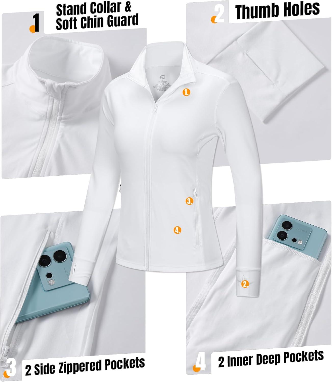 Outdoor Ventures Women’s Full Zip Up Athletic Jacket Lightweight Workout Running Jacket with Pockets for Hiking Yoga Gym(White)