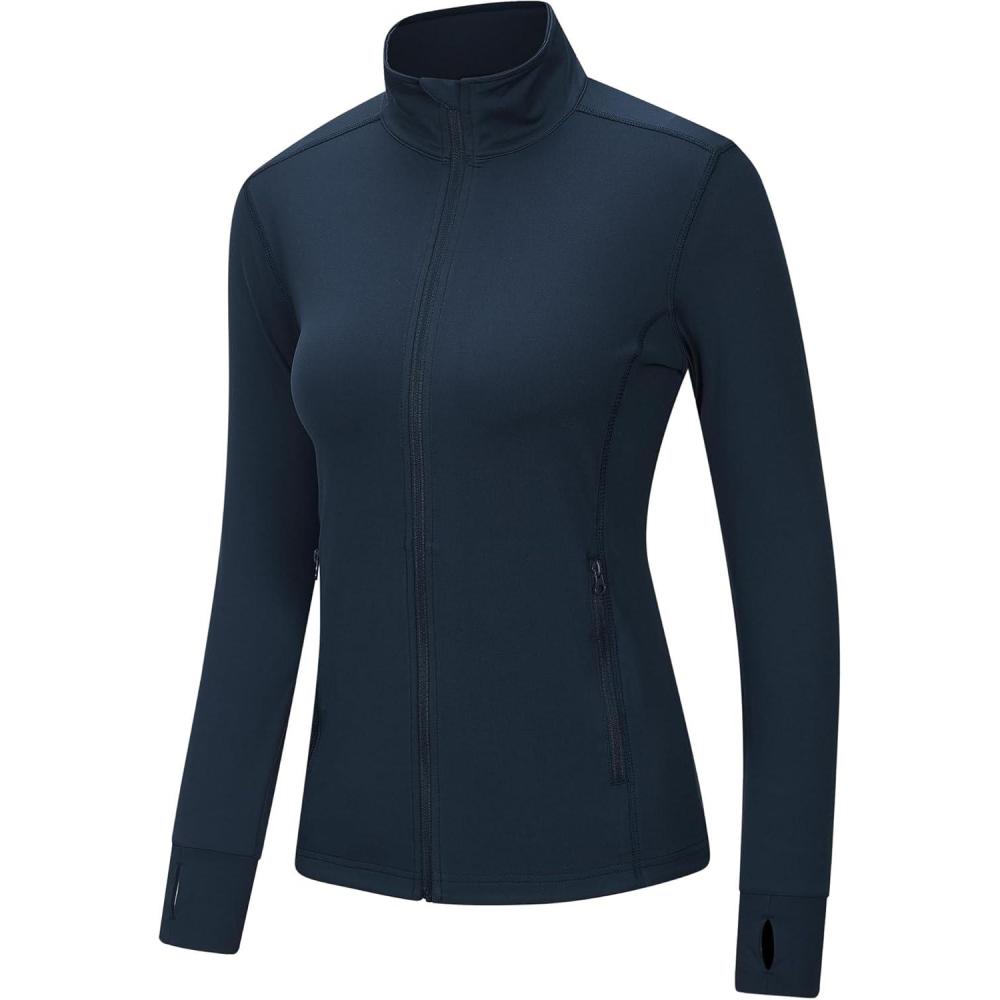 Outdoor Ventures Women’s Full Zip Up Athletic Jacket Lightweight Workout Running Jacket with Pockets for Hiking Yoga Gym(Navy Blue)