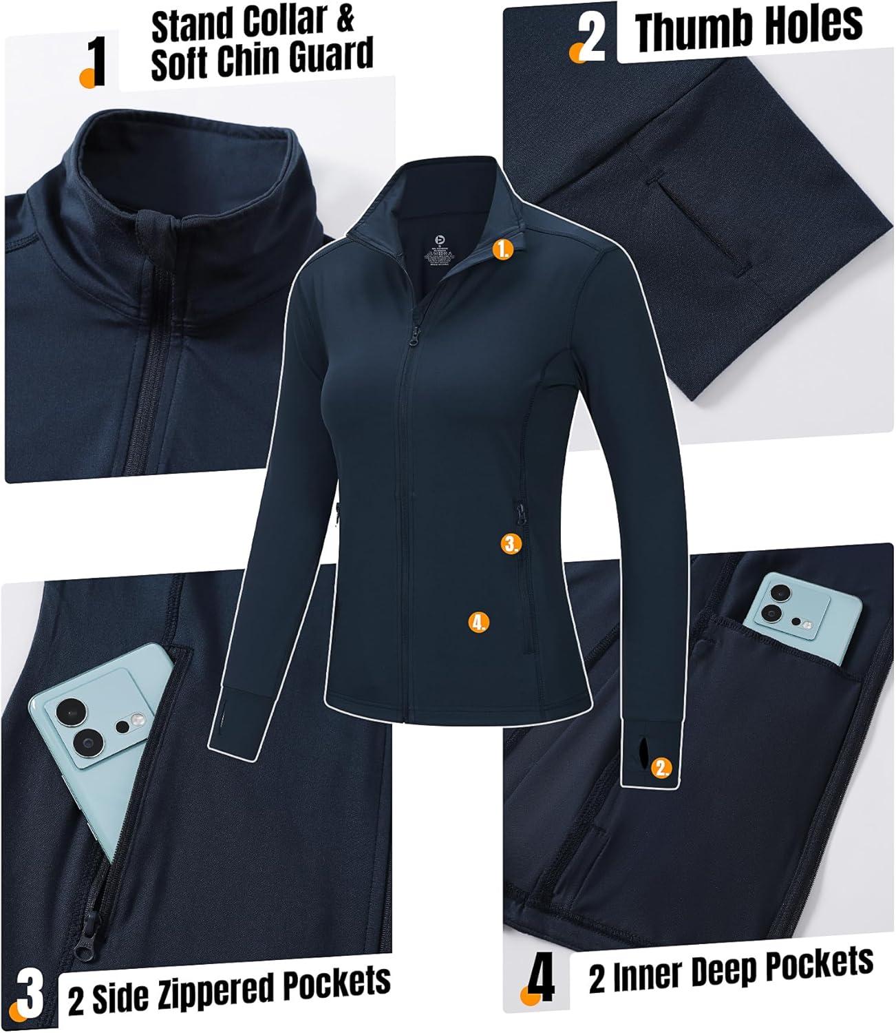 Outdoor Ventures Women’s Full Zip Up Athletic Jacket Lightweight Workout Running Jacket with Pockets for Hiking Yoga Gym(Navy Blue)