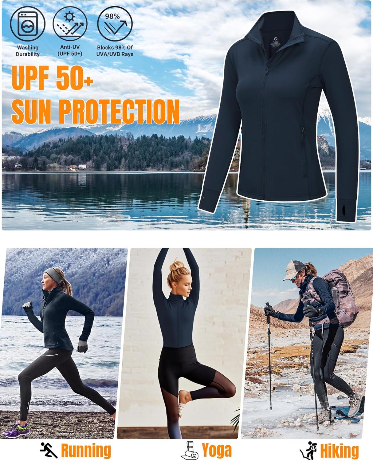 Outdoor Ventures Women’s Full Zip Up Athletic Jacket Lightweight Workout Running Jacket with Pockets for Hiking Yoga Gym(Navy Blue)