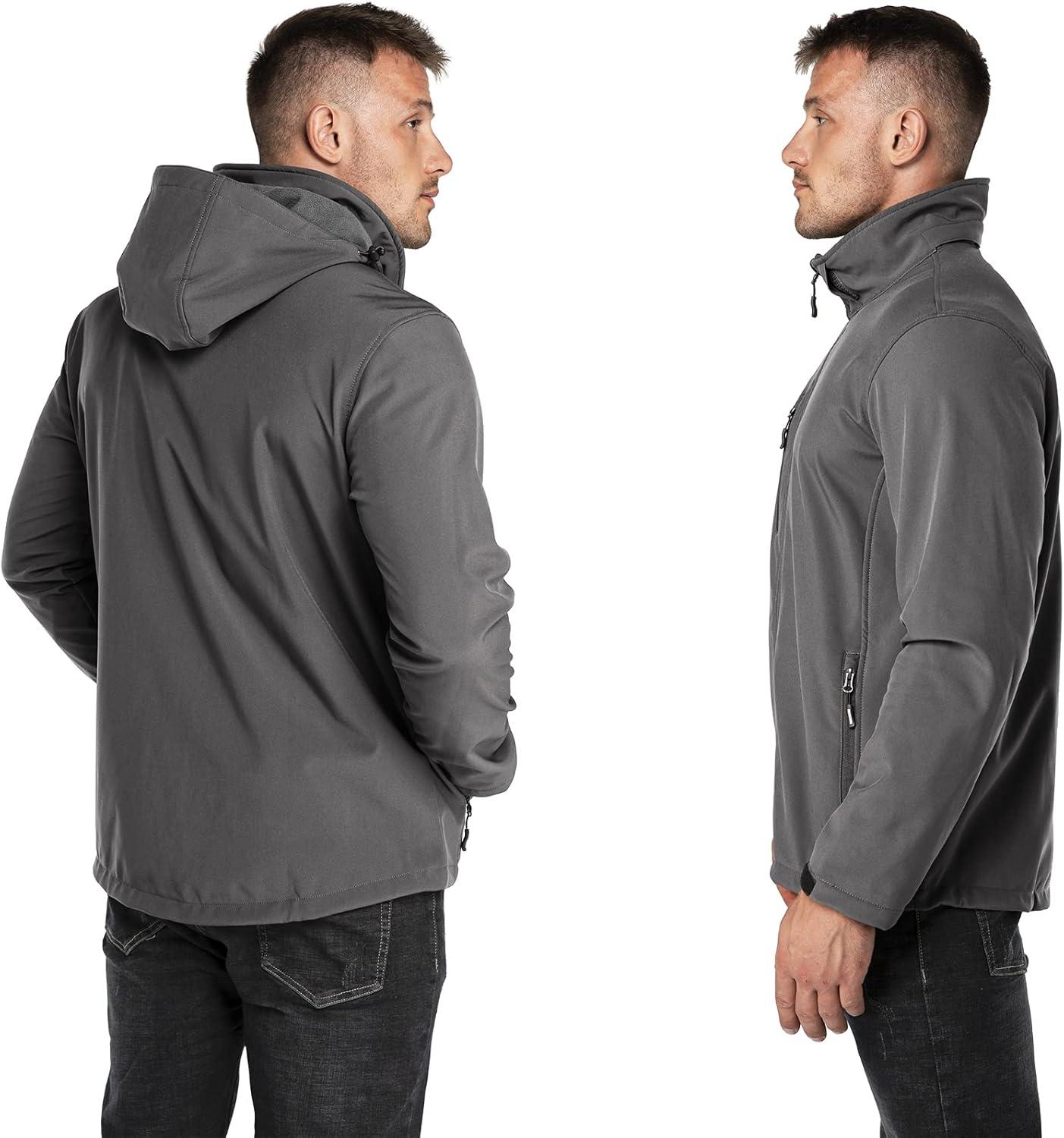 Outdoor Ventures Men’s Lightweight Softshell Jacket Fleece Lined Hooded Water Resistant Winter Hiking Windbreaker Jackets(Grey-removable Hood)