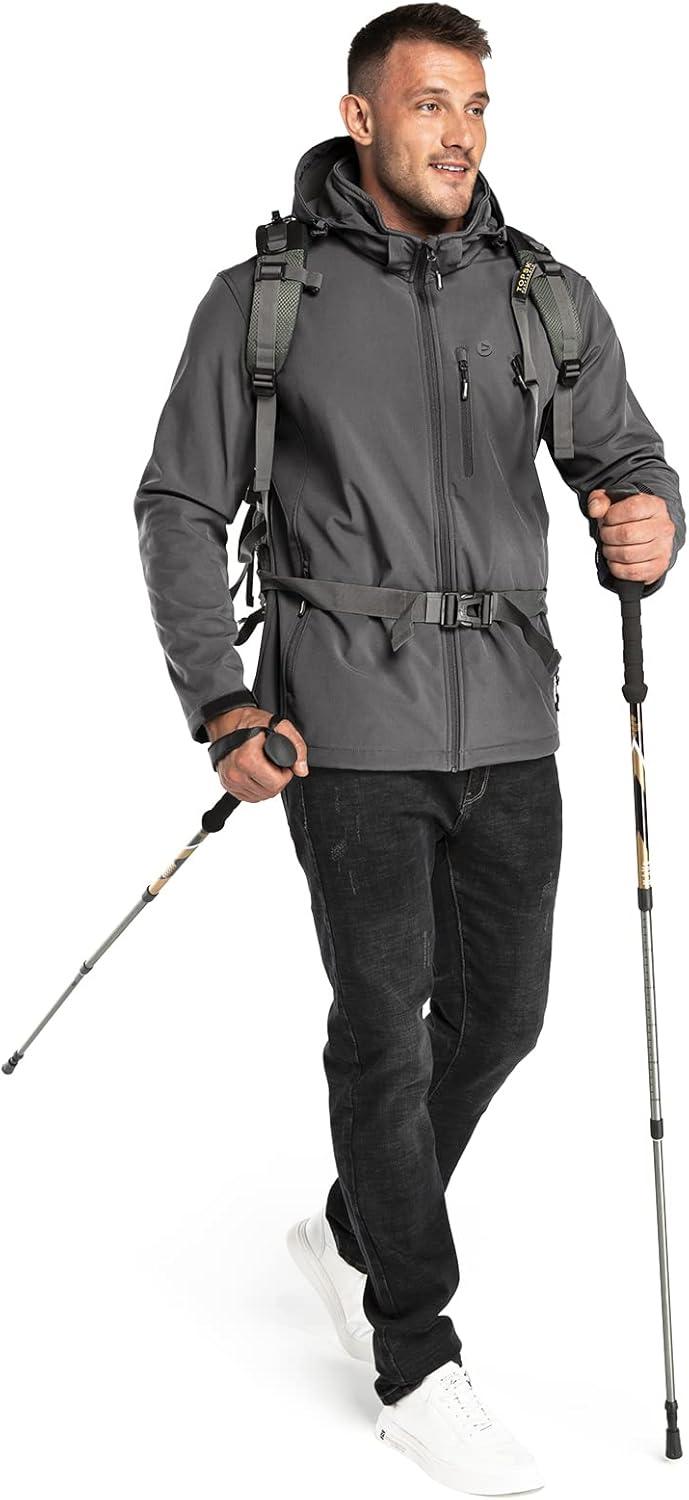 Outdoor Ventures Men’s Lightweight Softshell Jacket Fleece Lined Hooded Water Resistant Winter Hiking Windbreaker Jackets(Grey-removable Hood)