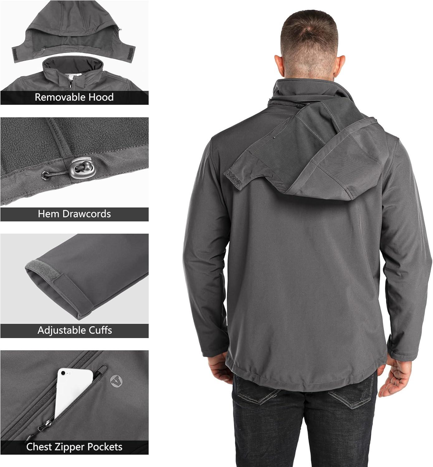 Outdoor Ventures Men’s Lightweight Softshell Jacket Fleece Lined Hooded Water Resistant Winter Hiking Windbreaker Jackets(Grey-removable Hood)