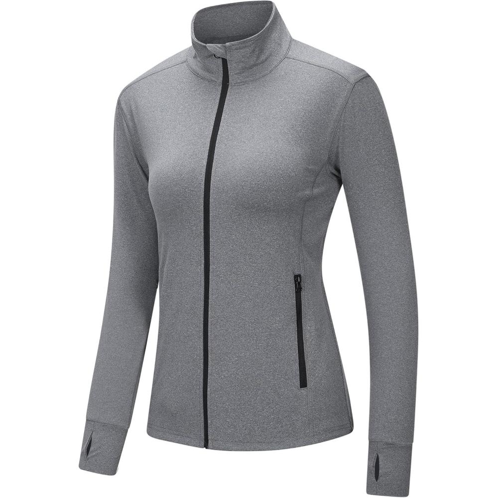 Outdoor Ventures Women’s Full Zip Up Athletic Jacket Lightweight Workout Running Jacket with Pockets for Hiking Yoga Gym(Light Grey Heather)