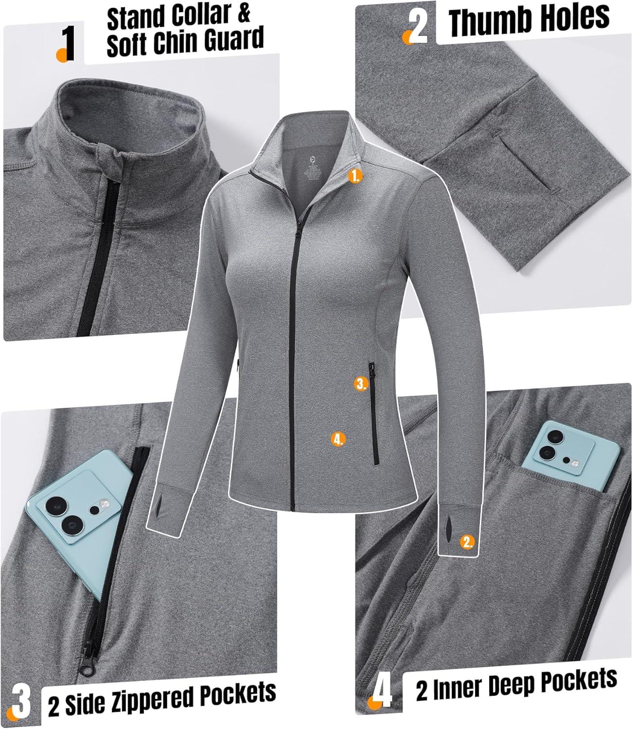 Outdoor Ventures Women’s Full Zip Up Athletic Jacket Lightweight Workout Running Jacket with Pockets for Hiking Yoga Gym(Light Grey Heather)