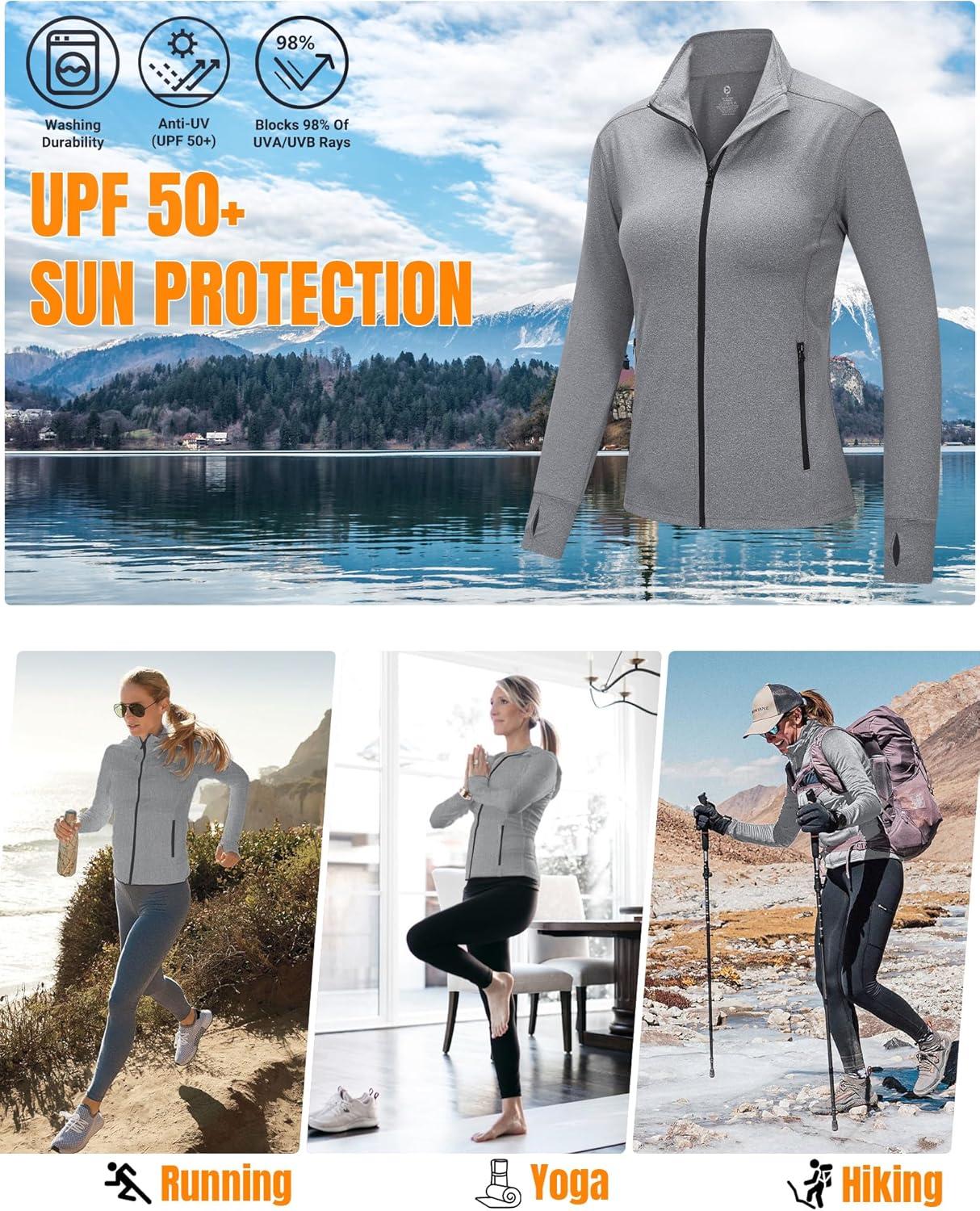 Outdoor Ventures Women’s Full Zip Up Athletic Jacket Lightweight Workout Running Jacket with Pockets for Hiking Yoga Gym(Light Grey Heather)